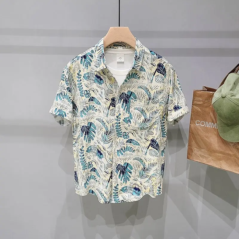 Summer New Turn-down Collar Fashion Short Sleeve Shirt Man High Street Casual Button Cardigan Y2K Printing Pockets Patchwork Top