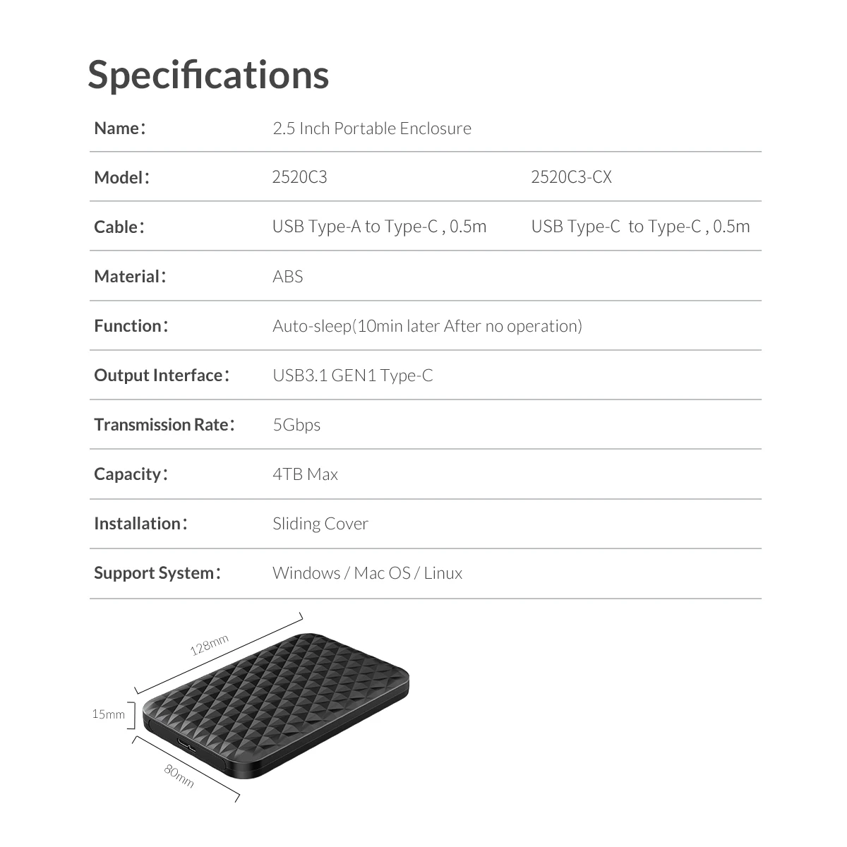 External Hard Drive Case 2.5 inch HDD Case Type C SATA to USB 3.1 for SATA SSD Support UASP