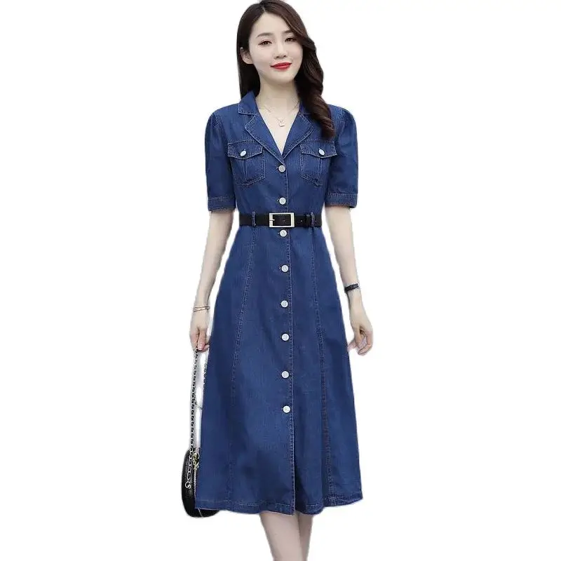 

Summer Midi Denim Dresses Women Clothes Fashion Slim Waist Office Lady Jean Dress with Belt Single Breasted A-line robe en jean