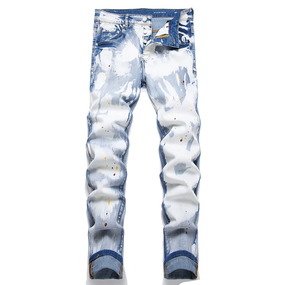 

Men's Washed Denim Jeans Streetwear Painted Button Fly Blue Pants Slim Tapered Trousers