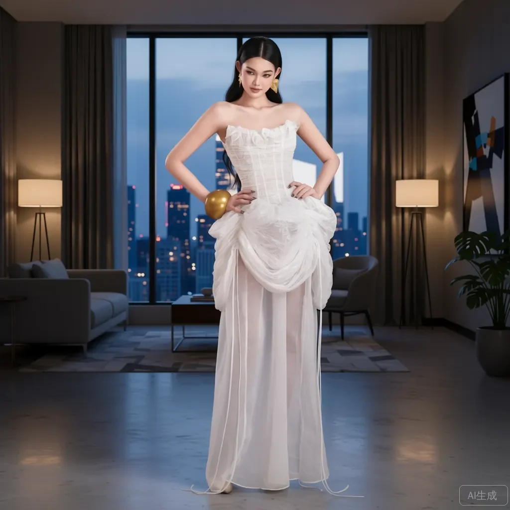 Avant‑Garde White Evening Gown Strapless Corset Dress with Asymmetrical Short‑Long Dresses Sheer Tulle Lace Detail Flowing