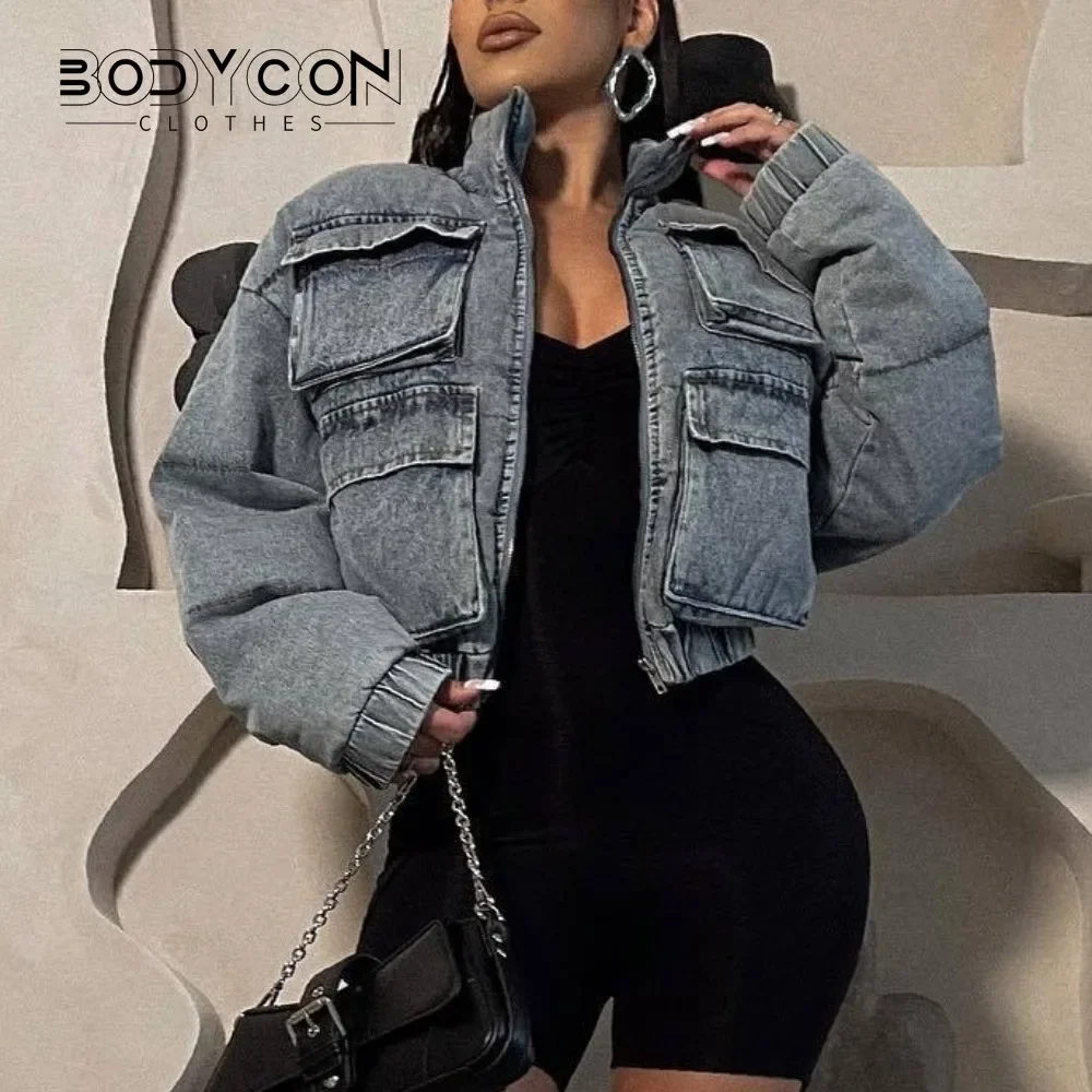 

BODYCON Women Long Sleeve Zipper Turn-down Collar Pocket Front Denim Cargo Parkas Jackets 2023 Autumn Winter Keep Warm