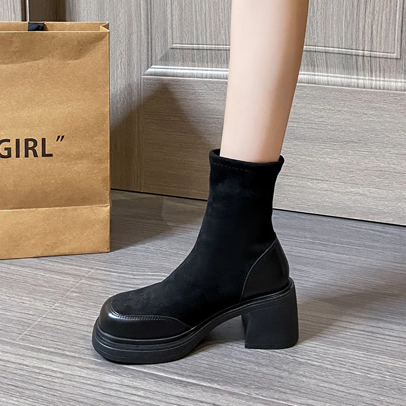 Short Shoes for Woman Black Women's Ankle Boots Sock Footwear Combat Booties Very High Heels Suede Punk Style Heeled Autumn Boot