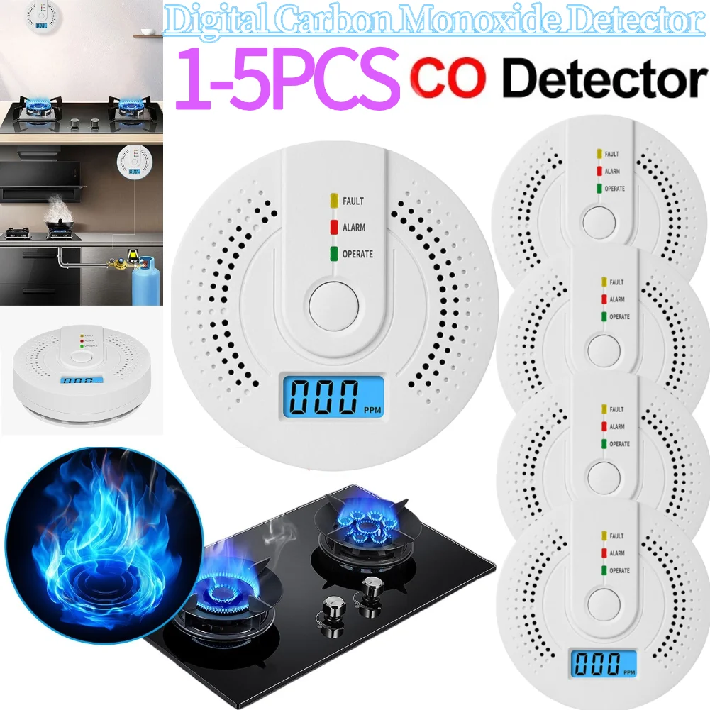 5-1PCS Digital Carbon Monoxide Detector Sound Warning Battery Powered Warning Alarm Sensor CO Gas Monitor Alarm Home Use