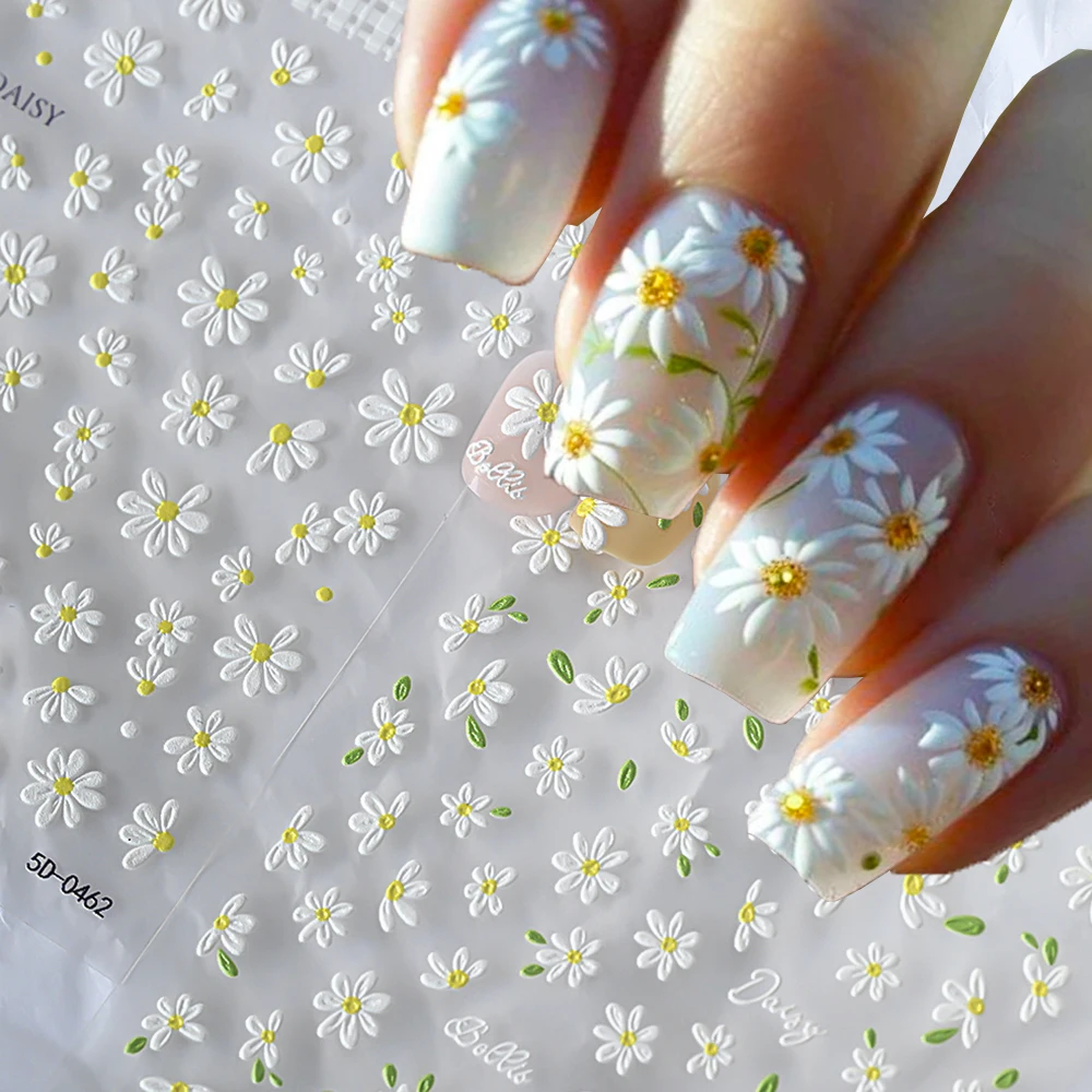 2pcs 5D White Daisy Design Nail Art Stickers Embossed Daisy Floret