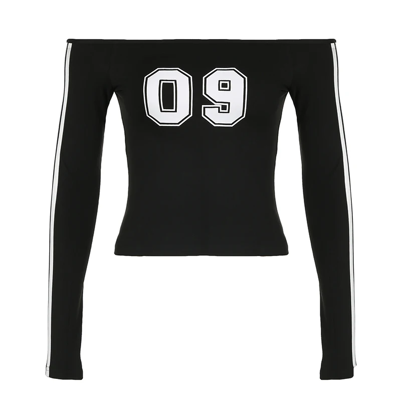 Fashion Contrast Digital Print Long Sleeve T-shirt Off Shoulder Black Y2K Side Striped Crop Top Harajuku Korean Style