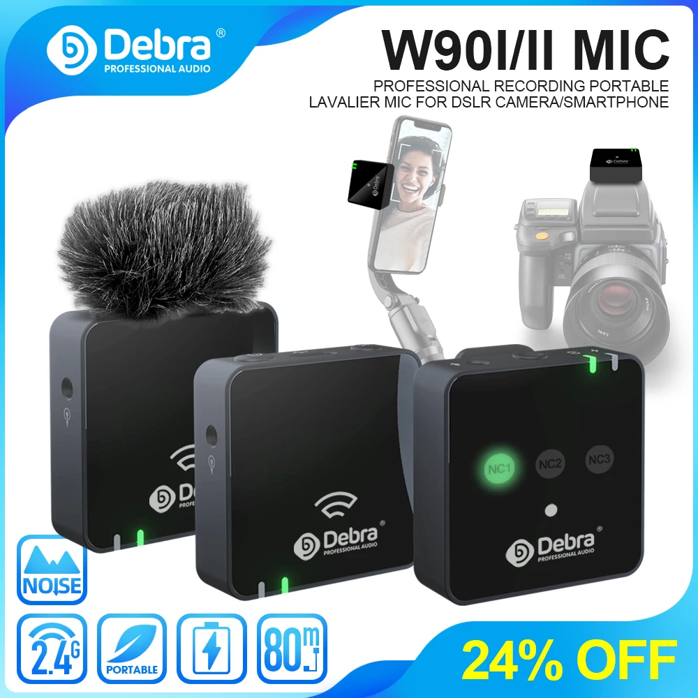 DV 카메라 DSLR 스마트폰용 무선 라발리에 마이크, 라이브 방송 비디오 촬영, 80m 범위 소음 감소, W90 2.4G