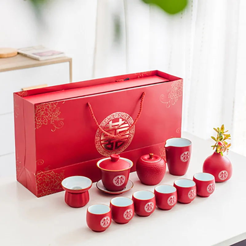 Ceramic Filter Tea Pot Set, Household Teapot and Cup Set, Chinese Style, Wedding Red Teaware, Housewarming Wedding Souvenir Gi