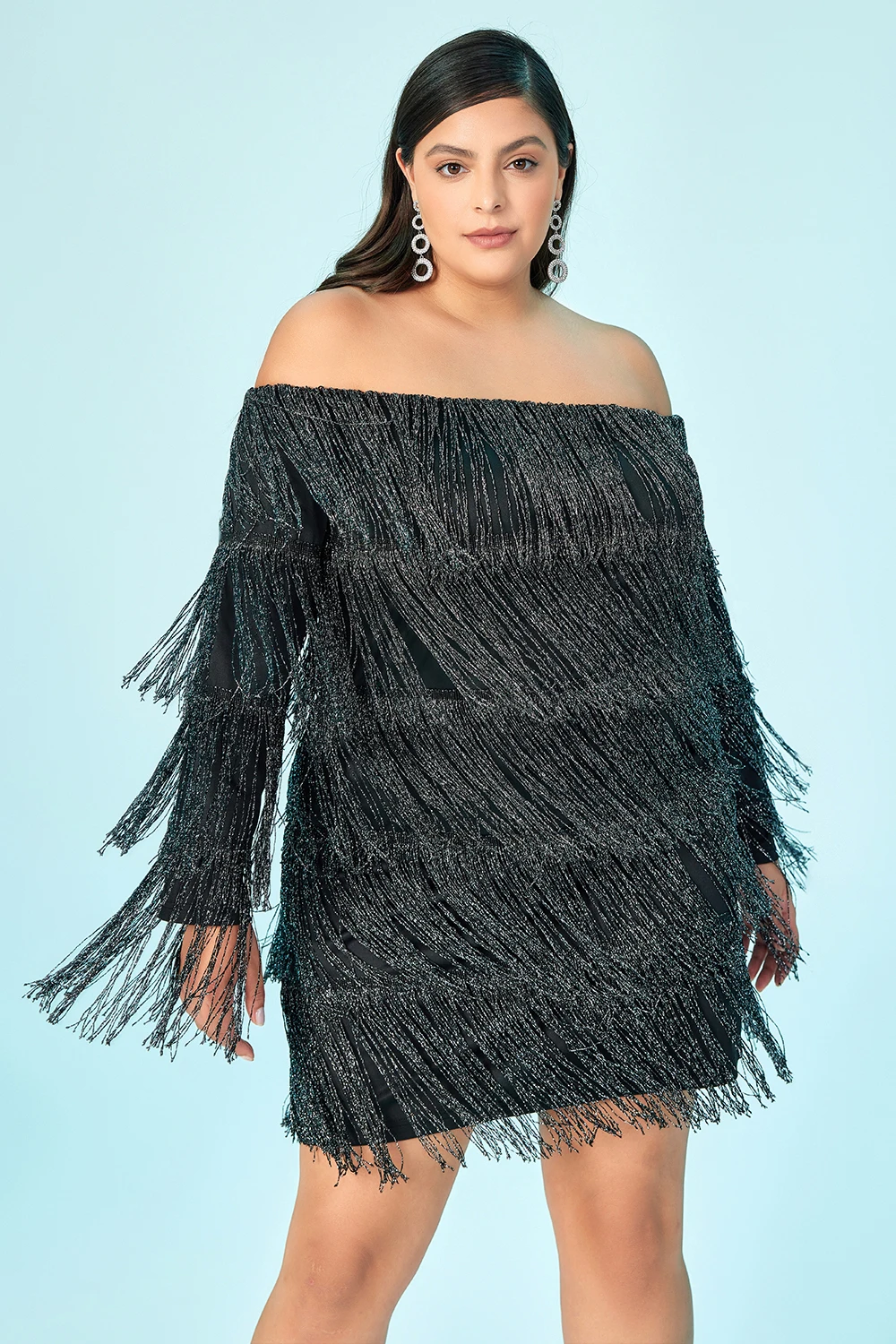 Plus Size Homecoming Dress Black Off The Shoulder Fringe Mini Dress