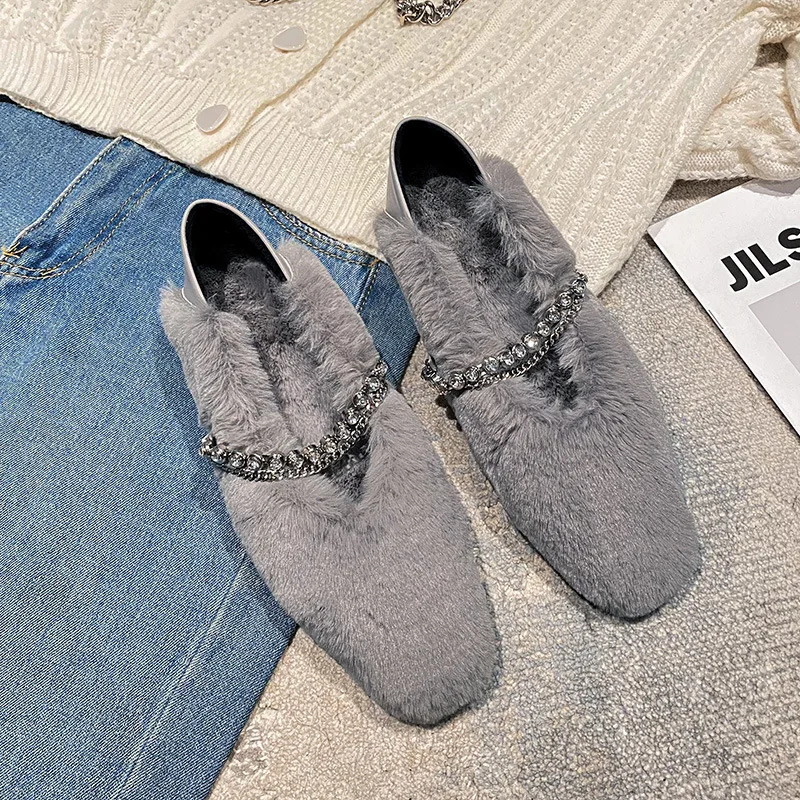 

Лоферы женские с квадратным носком, меховые повседневные кроссовки, без шнуровки, однотонные Мокасины, большой размер, зимняя обувь