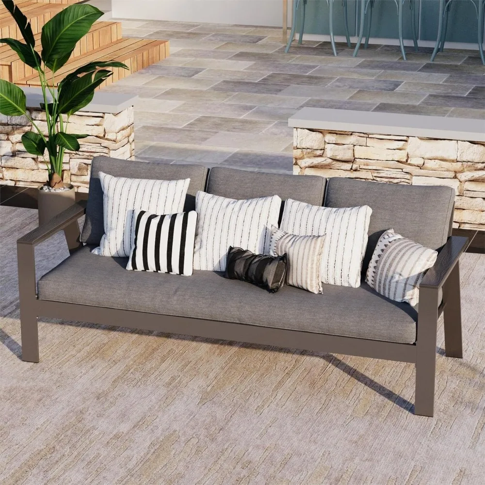 

Patio Furniture 3-Seat Sofa with Wood Accent Armrest and Angled Backrest, Deep Seating Couch with Water-Resistant Cushions, Grey