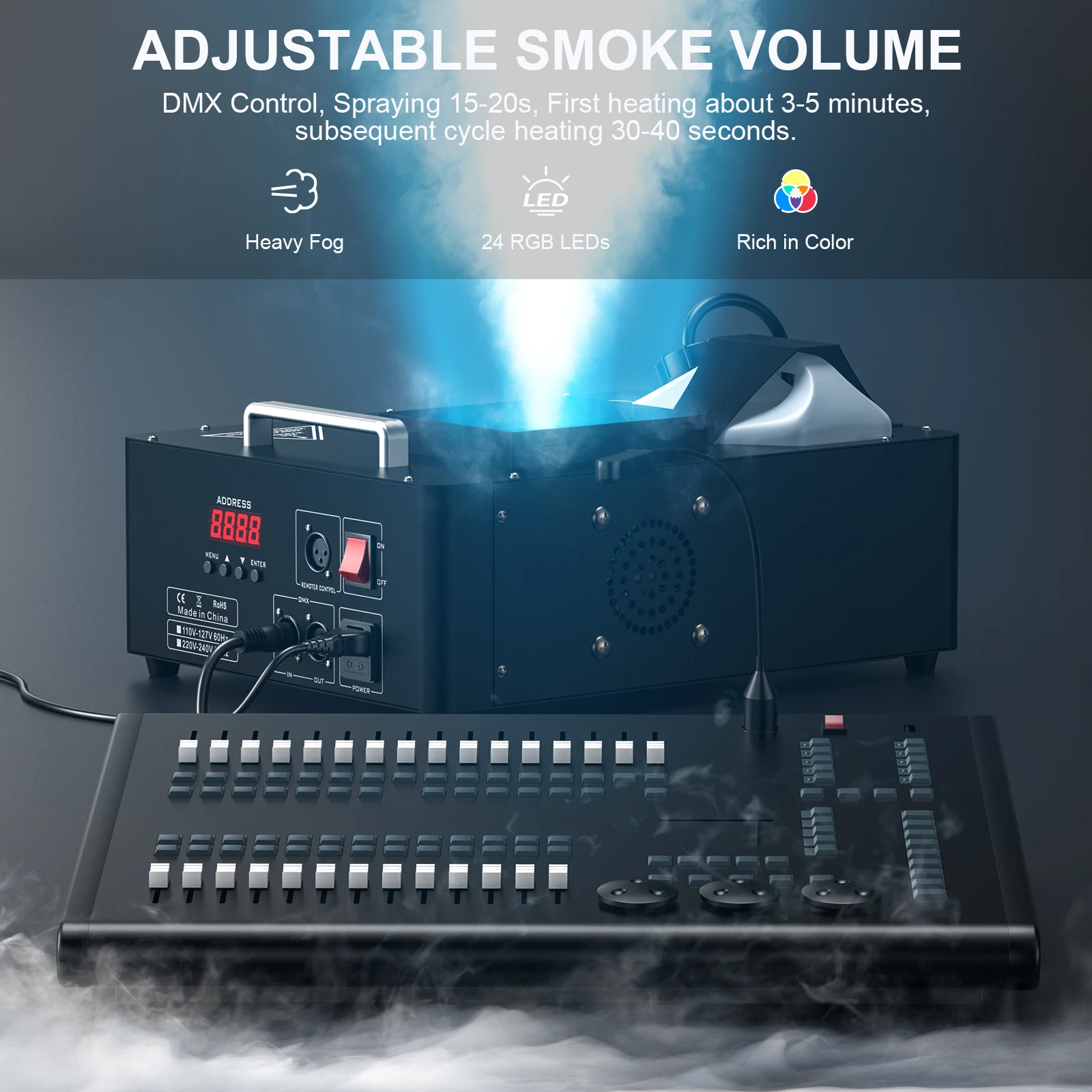 U'King 1500w Fog Machine RGB 3IN1 24LED Vertical Smoke Machine Stage Lighting  Spray Fogger For Halloween Wedding Disco Party 4