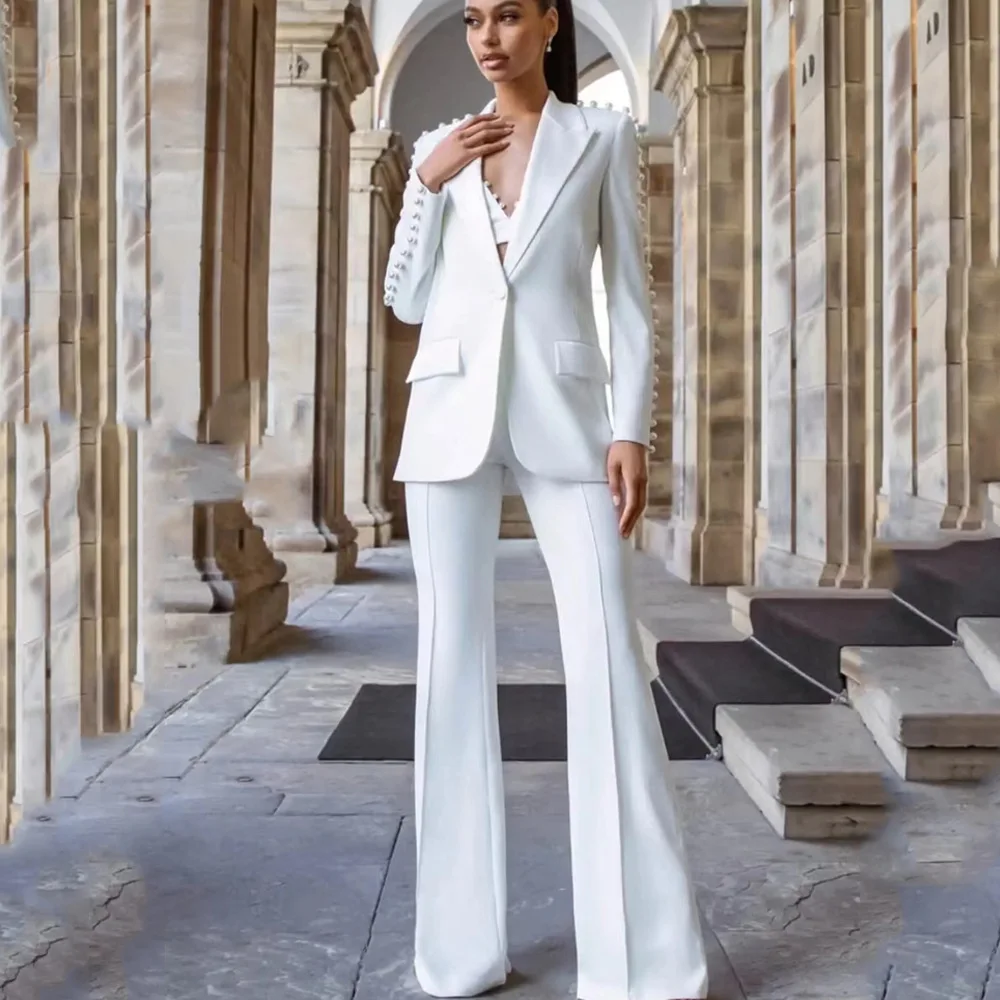 

High Quality Stock 2023 White Long Blazer Dress Woman Formal Occasion Elegant and Pretty 2 Piece Blazer and Pant Set Beaded
