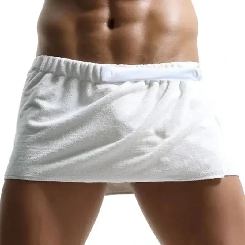 MENMODE 섹시한 수면 바지 마이크로 화이버 잠옷 남성 잠옷 짧은 수건 바지 사이드 분할 목욕 가운 퀼로트 부드러운 두꺼운