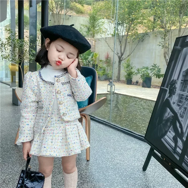 Girls Tweed Sets Clothes Kids Coat and Skirt Two Piece  Children's Boutique Clothing Suit Outfits Baby Toddler Costume Autumn - 2