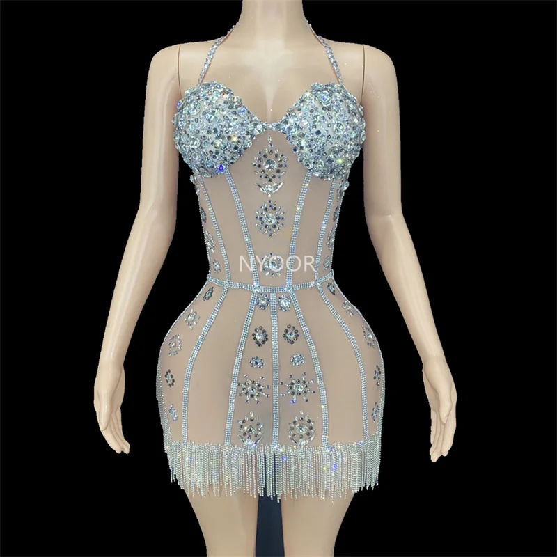 

Transparent Bling Rhinestone Women Dress Sexy DJ Singer Dancer Club Nightclub Singer Show Costume Stage Wear Now 2022