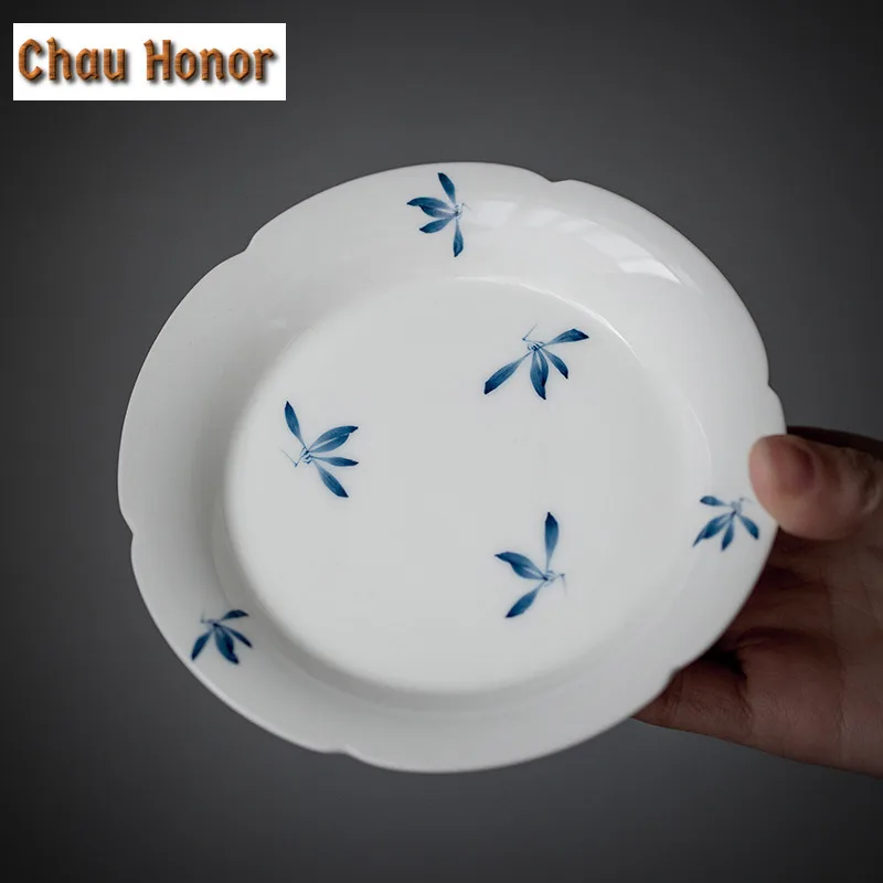 Pure Hand-painted Butterfly Orchid Art Teapot Holder Ceramic Tea Tray Kung Fu Tea Gaiwan Support Mat Household Fruit Plate Gift