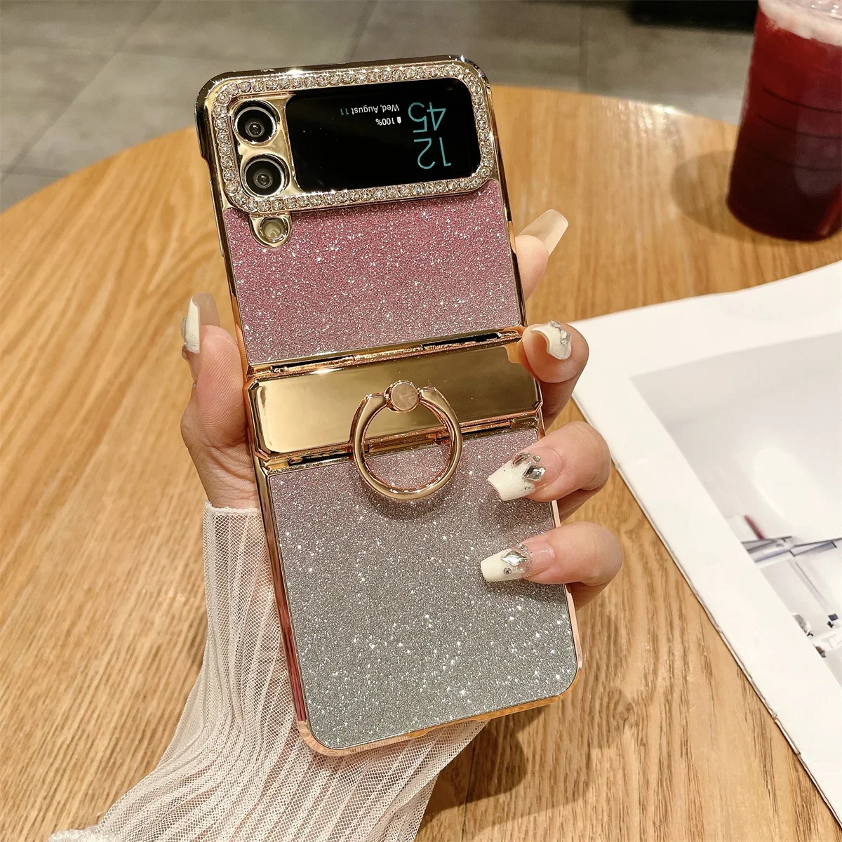 

Чехол-книжка для Samsung Galaxy Z Flip 3 4, роскошный блестящий Гальванизированный складной чехол с кольцом и блестками, противоударный жесткий чехол-накладка, аксессуары