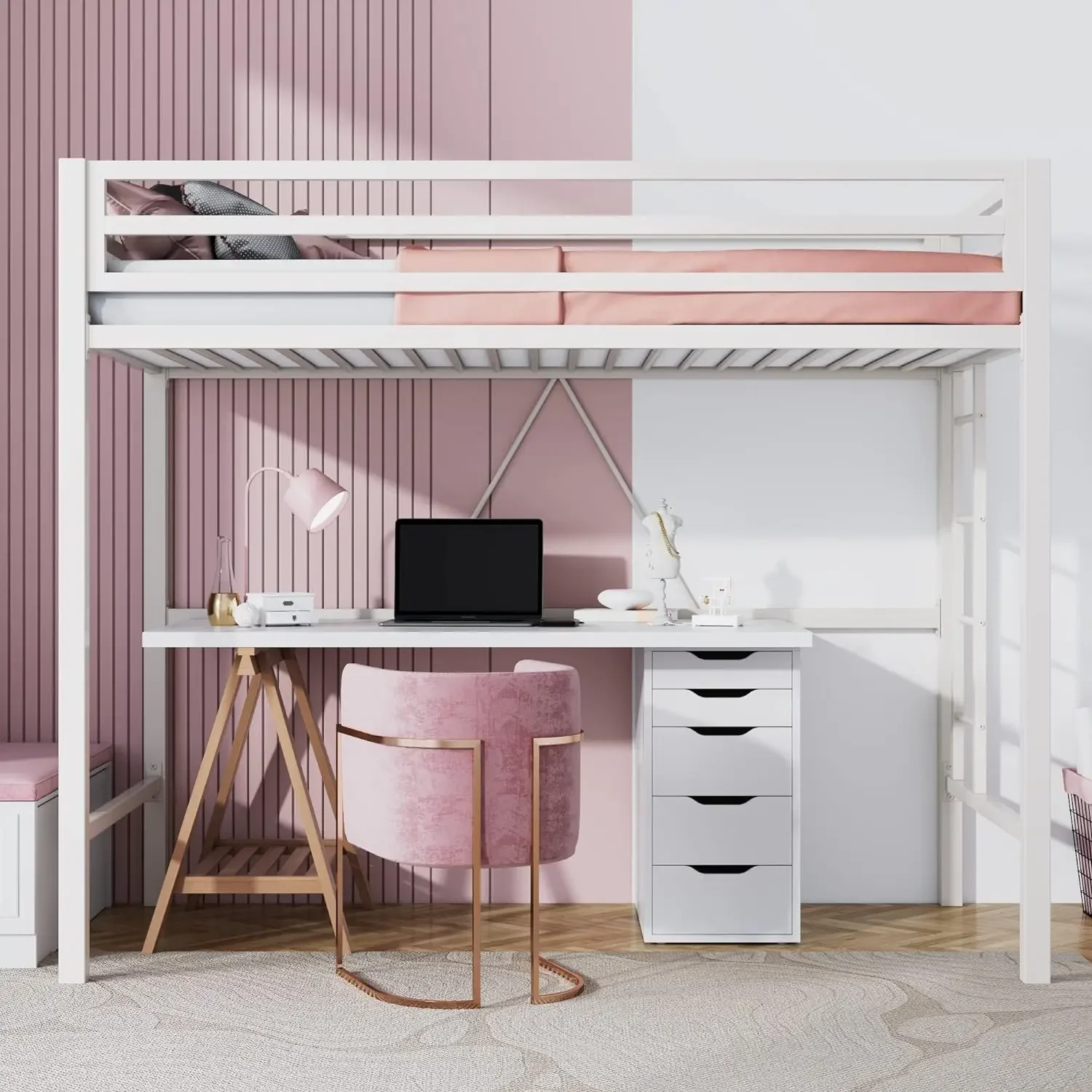 SHA CERLIN Metal Loft Bed Twin Size, Heavy Duty Loft Twin Bed Frame with Full-Length Guardrail & Removable Stairs, Noise-Free, 2