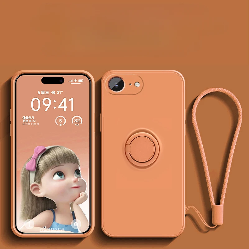Liquid Silicone Ring Stand Phone Case with Lanyard and Magnetic Soft TPU Cover