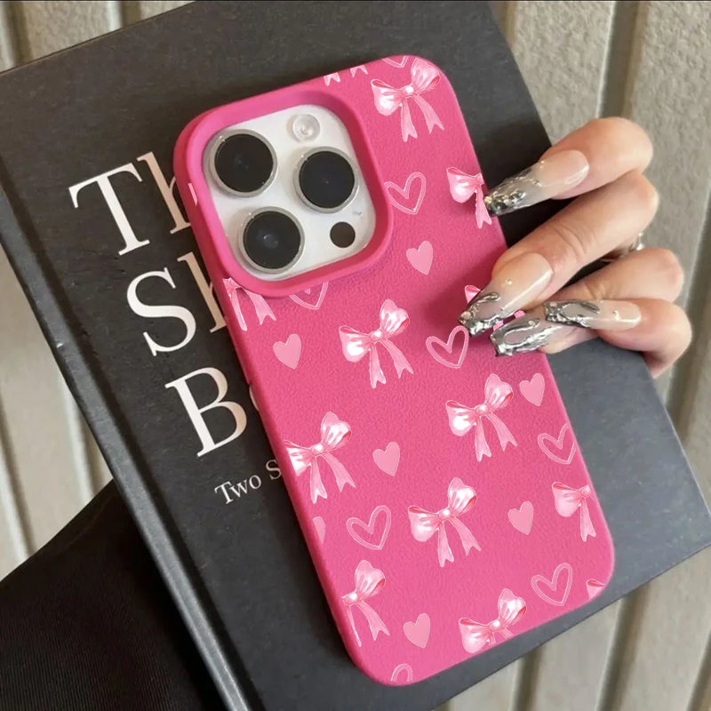 Cherry Cute Bow Shockproof Lichee Pattern Soft Phone Case Cover