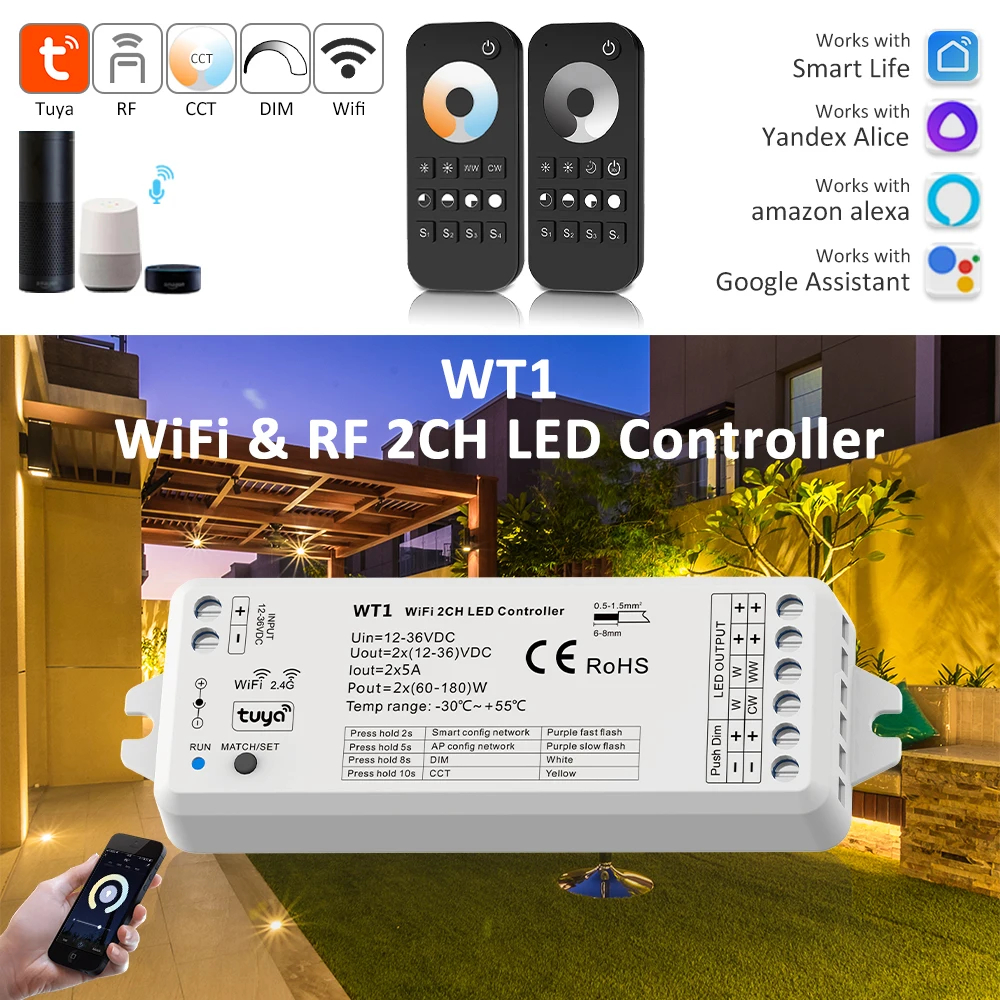 ตัวควบคุม CCT อัจฉริยะ Wifi Tuya 12V 24V WT1 2CH 5A WW CW สำหรับแถบไฟ LED หรี่ไฟ ทำงานร่วมกับ Yandex Alice Alexa APP รีโมท RF 1