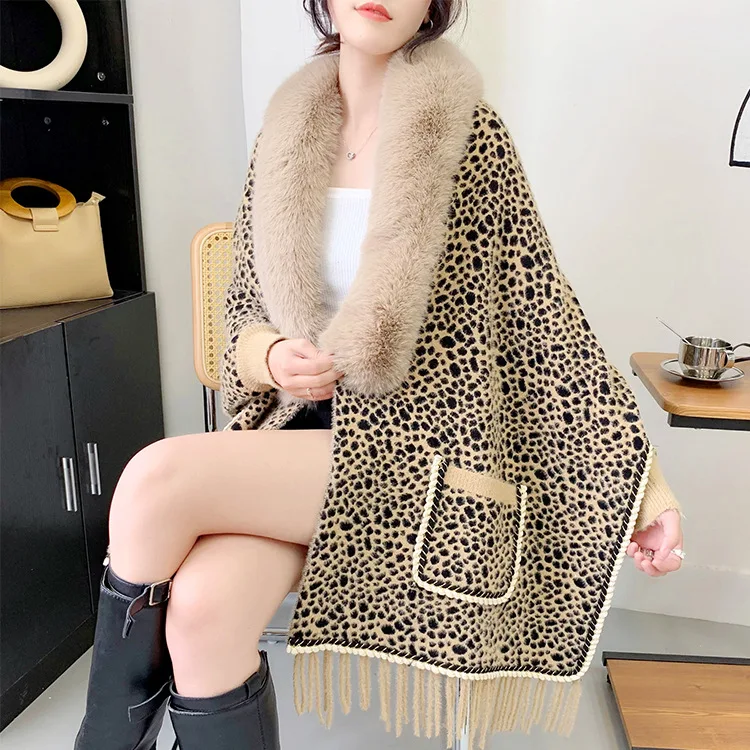 Autumn Winter New Imitation Wool Collar Knitted Shawl Women Leopard Print Tassels Long Sleeve Poncho Lady Capes Cloaks