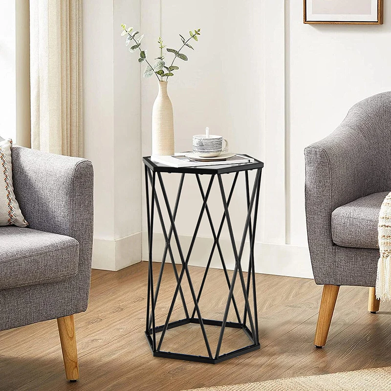 

End Table Tempered Glass Top Metal Frame Hexagonal Accent Side Table Living Room Home Furniture End Tables
