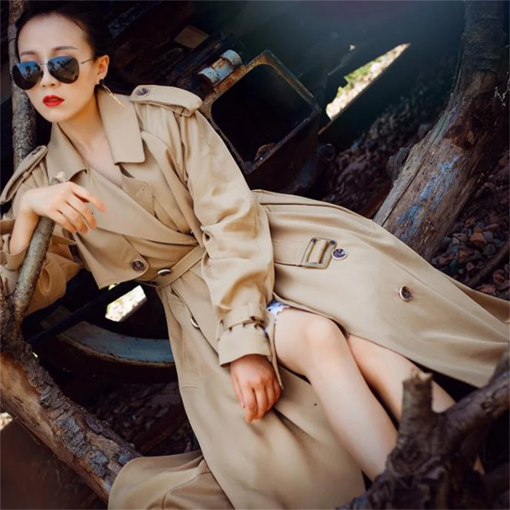 

Тренчкот цвета хаки, женское длинное двубортное пальто выше колена, Свободное пальто в британском стиле