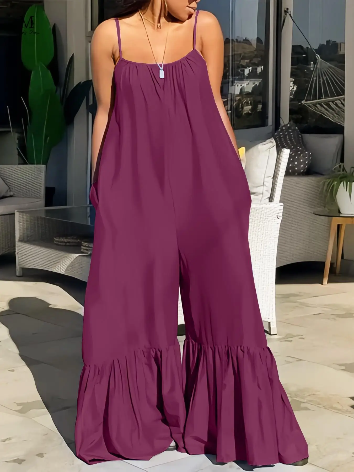 Summer Women Spaghetti Strap Jumpsuit Loose Pleated Solid Color Beach Clothes Casual Lady Long Rompers 2024