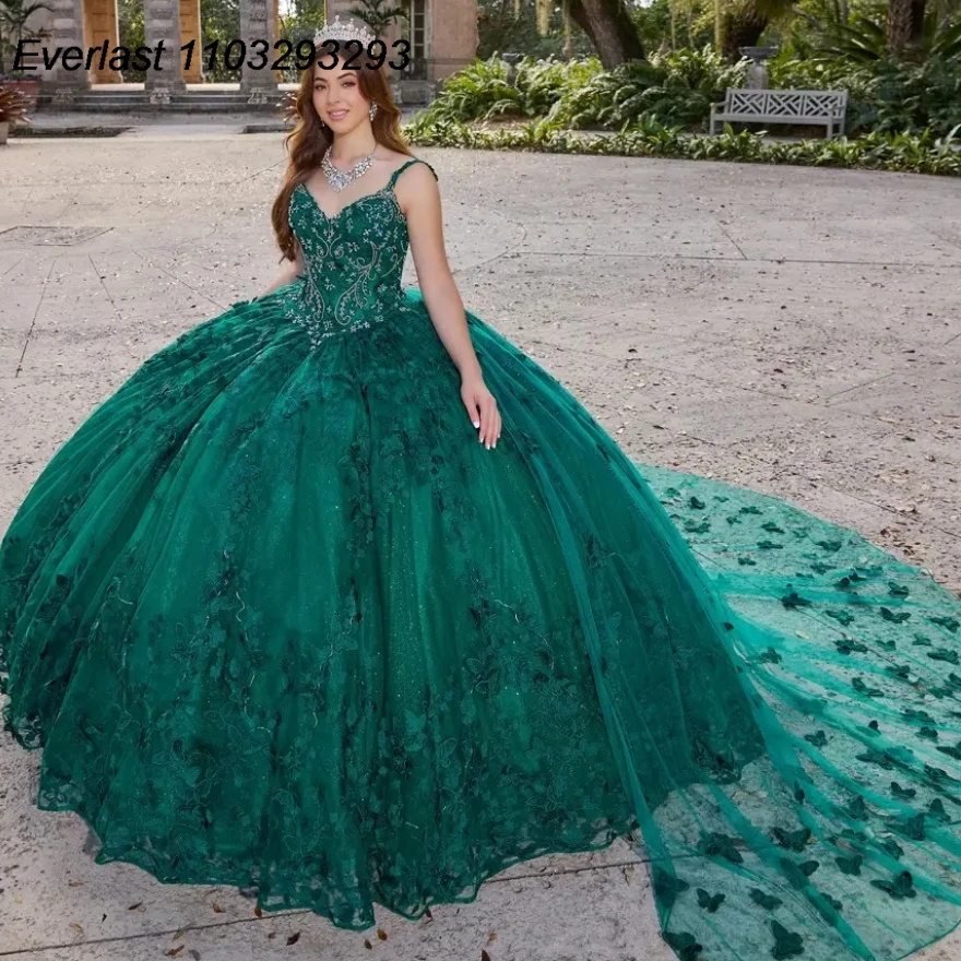 EVLAST Mint Green Quinceanera Dress Ball Gown 3D Lace Applique Beaded Spaghetti With Cape Sweet 16 Vestido 15 De A&ntilde;os TQD243 quinceanera dresses