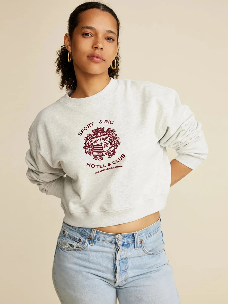 

Fashion Classic Badge Print Cropped Tops Women Spring New Cotton Casual Streetwear Sweatshirts Vintage Chic Simple Pullover Y2K