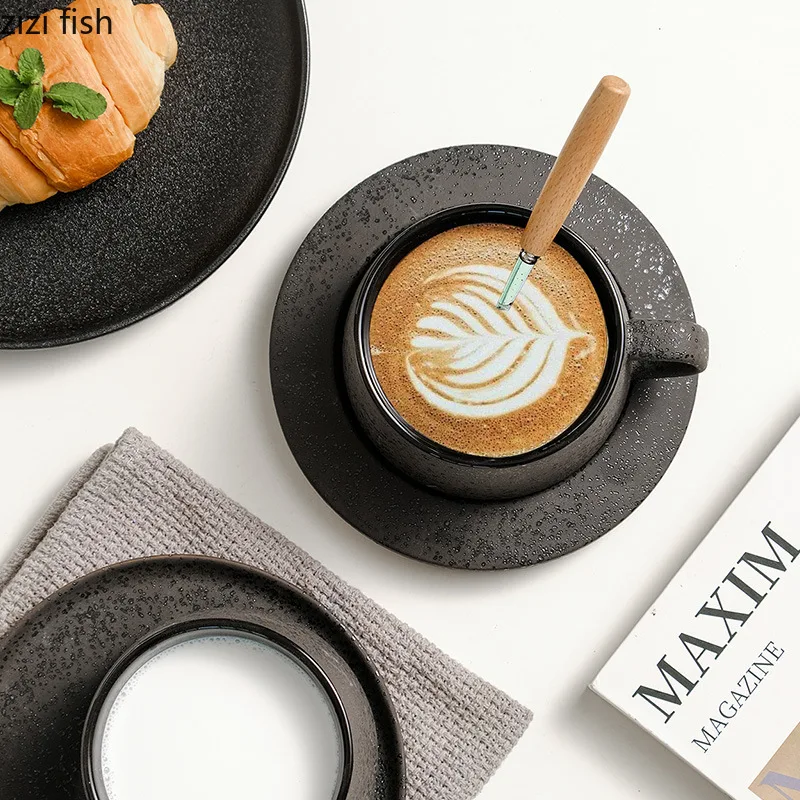 Elegant Black Ceramic Coffee and Saucer Set