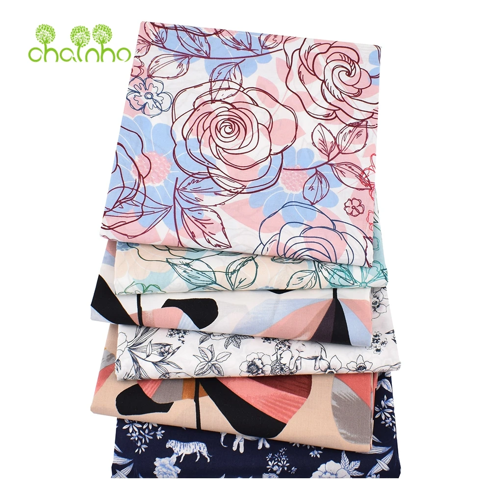 Chainho,Printed Plain Weave Poplin Cotton Fabric,DIY Sewing Quilting Material,Patchwork Cloth,Floral Series,3 Big Sizes,15PC32