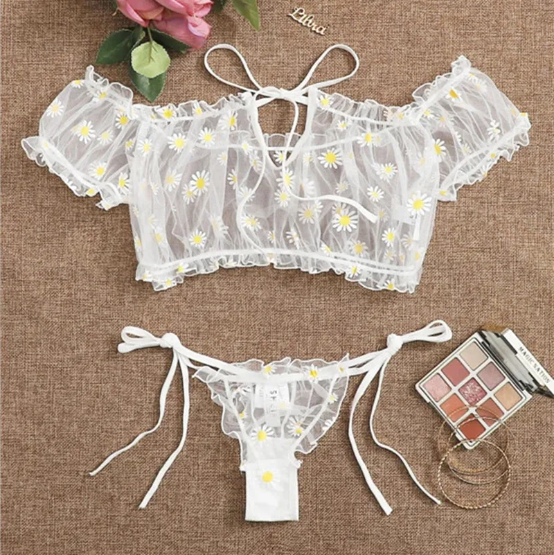 

Women Lingerie Suit Sexy Sheer Lace Floral Print Off-Shoulder Perspective Mesh Crop Top Tie-Waist Thong-Panty for Date Night