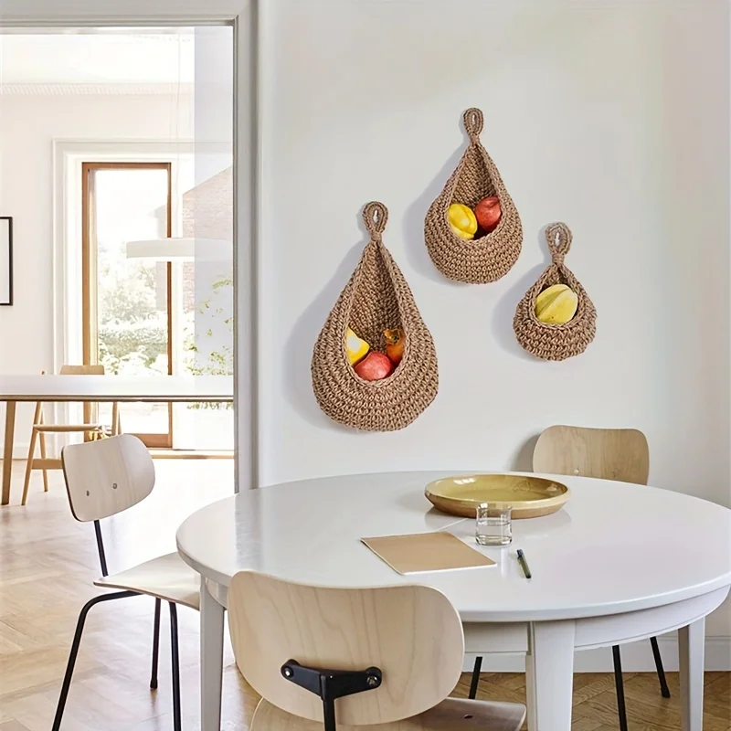 3-Pack Hanging Teardrop Kitchen Storage Baskets – Hand-Woven Wall-Mount Fruit & Vegetable Holder 2