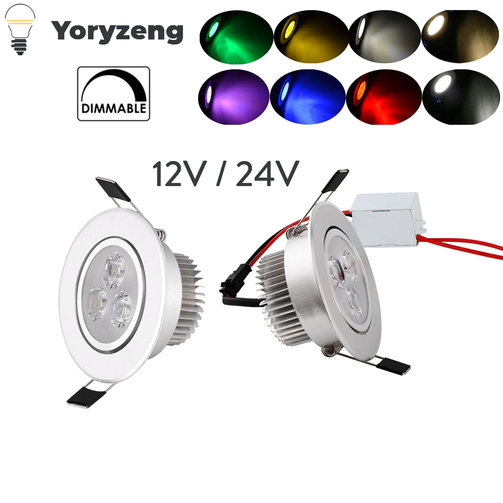 12V 24V Multicolor 3W Dimmable LED Recessed Ceiling Downlight Spotlight Lamps Bulb with Driver Red Yellow Blue Green Purple