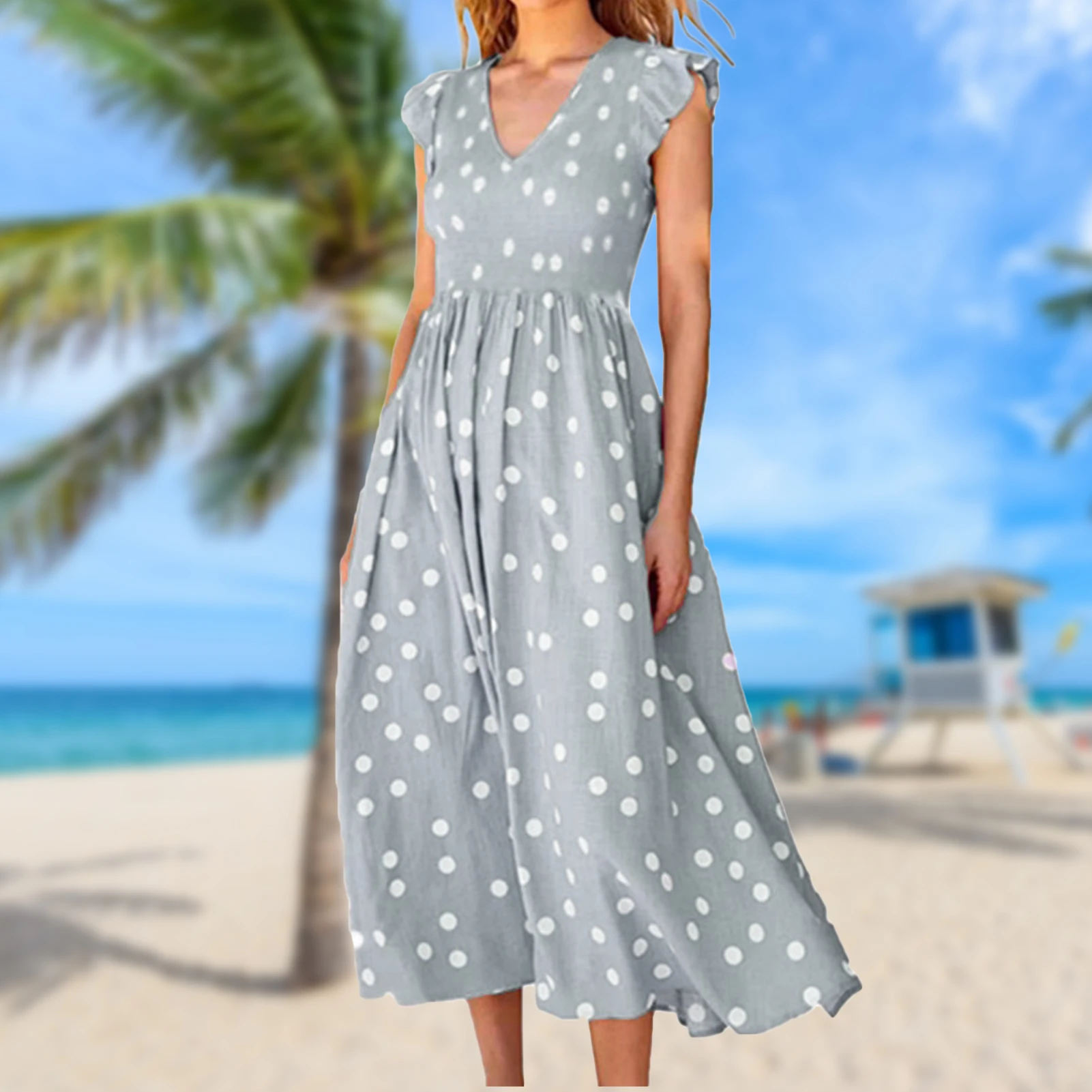 

Women Casual Dresses Floral Wrap V-Neck Beach Dresses Sleeveless High Waist Flowy Large Swing Fashion for Holiday Party