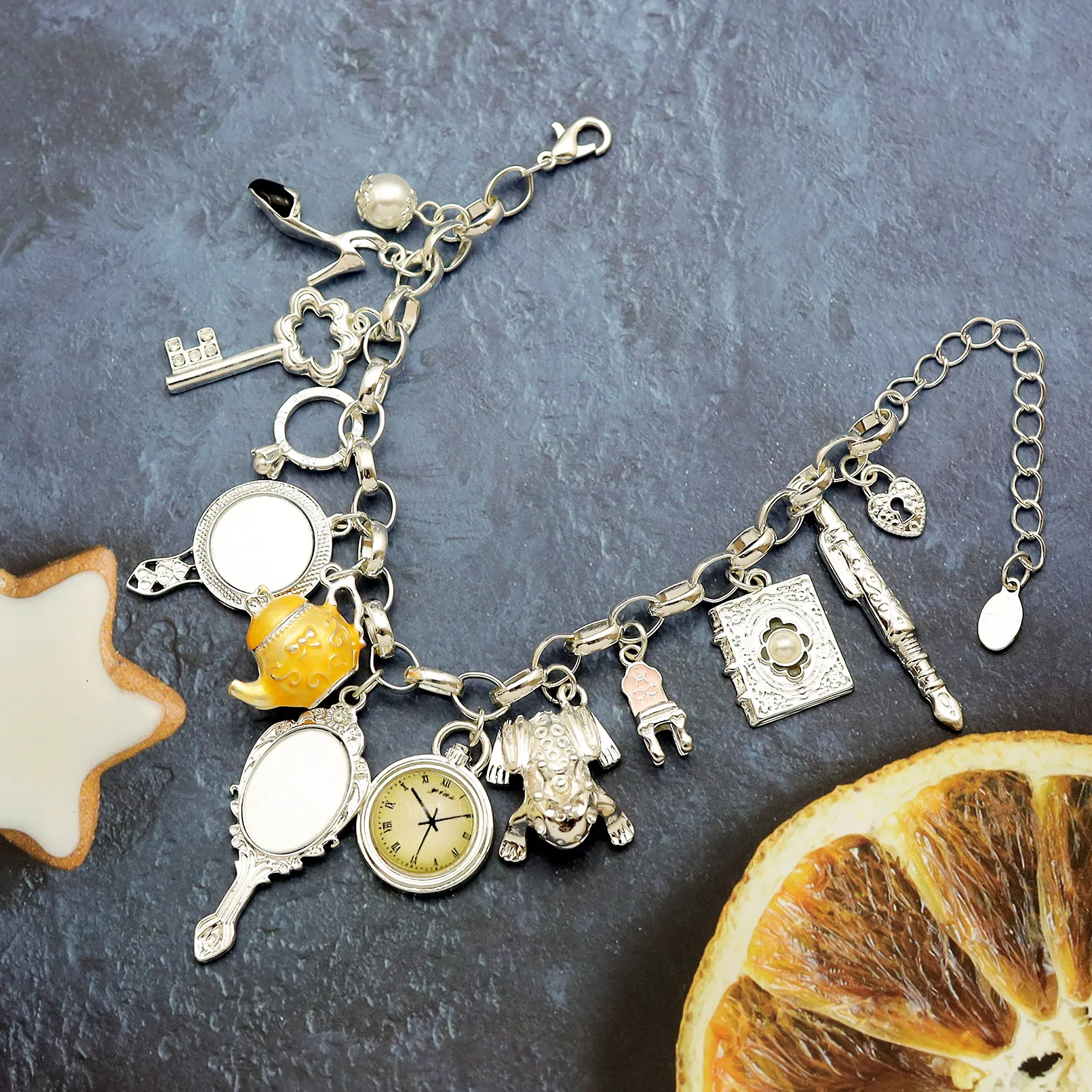 Vintage Wonderland Mirror Charms Beads Link Chain Crystal Bangle Bracelets for Women bracelet jewelry