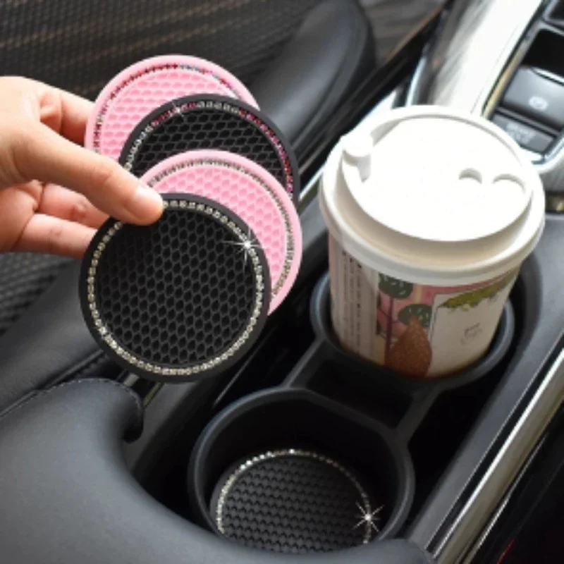 Posavasos con borde de diamante redondo para coche, estera antideslizante de PVC para taza de agua montada en vehículo