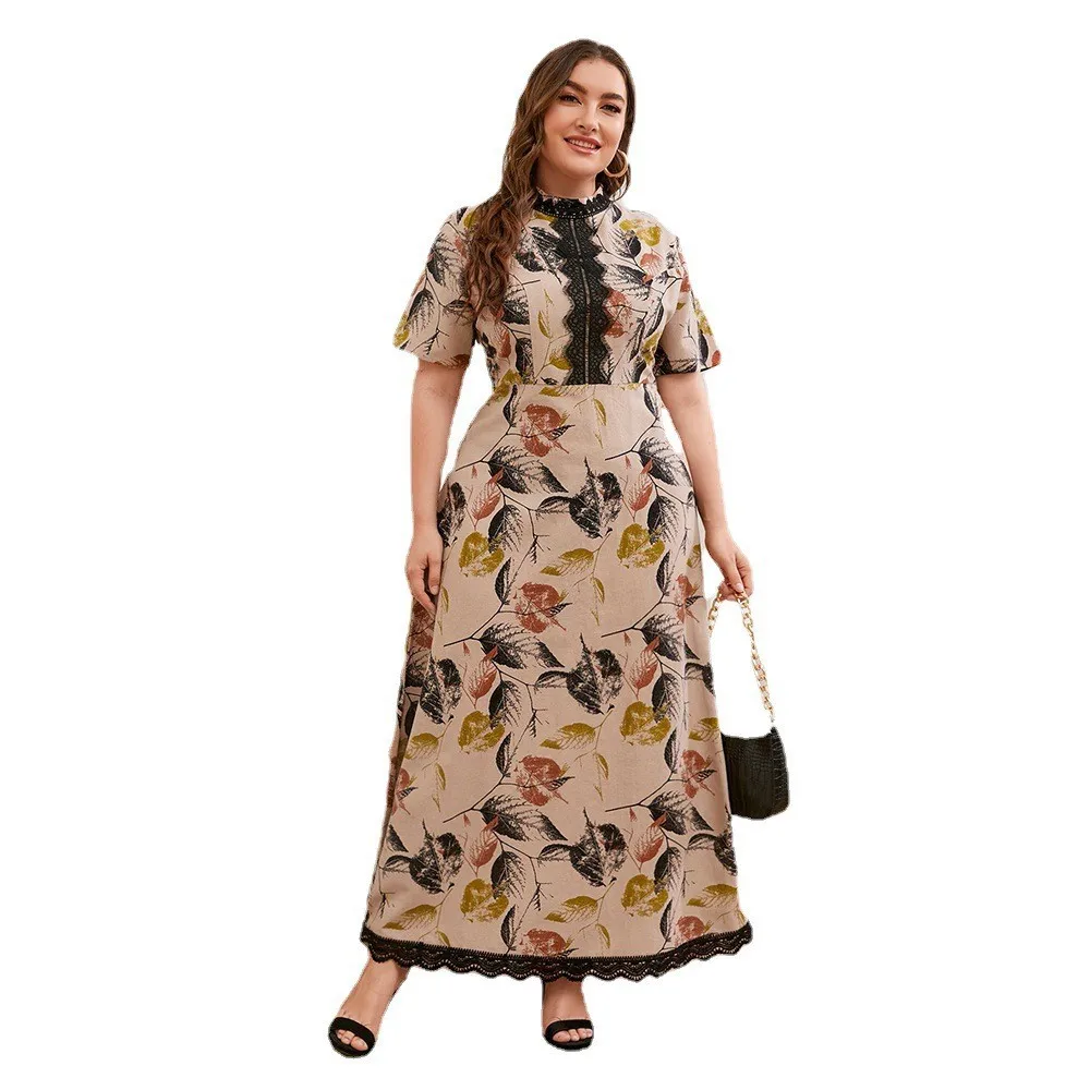 Women Plus Size Long Dresses 2023 New Summer Casual Elegant Short Sleeve Lace Embroidered Printed Formal Evening Party Clothing