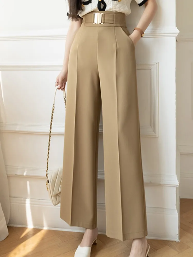 

High Waist Button Wide Leg Women's Suit Pants 2023 New Spring Summer Casual Loose Straight Office Lady Full Length Trousers