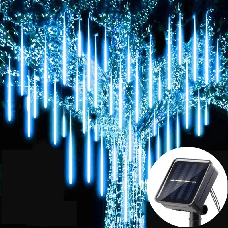 Solar Meteor Shower Rain String Lights Waterproof Garden Light 8 Tubes Christmas Tree Holiday Party Wedding Decoration