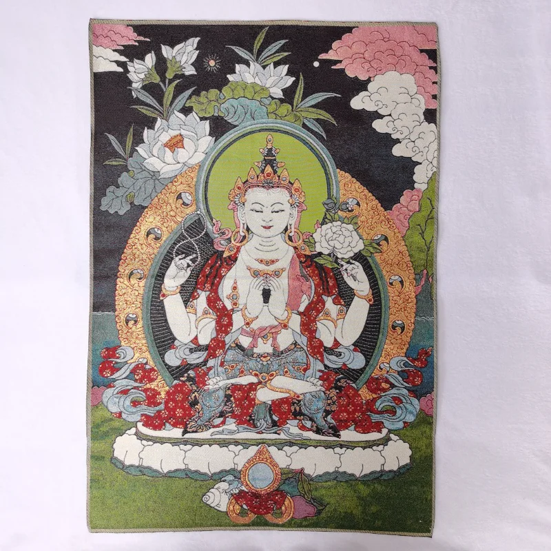 

36" Tibet Tibetan Embroidered Cloth Silk Buddhism 4 Arms Kwan-yin Tangka Painting Mural Meditation Wall Hanging Home Decor