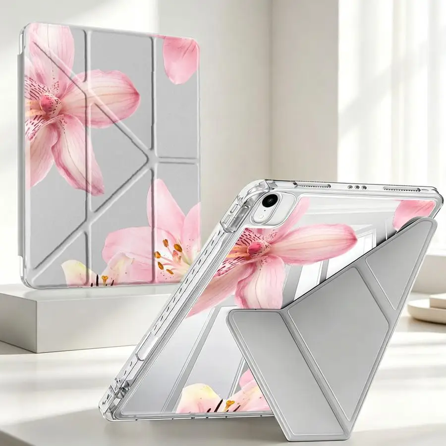 Pink Lily Flower Tablet Case with Pen Slot Cover