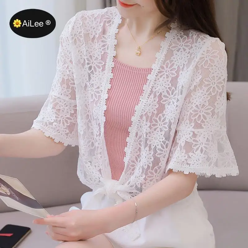 

Women Summer Kimono Cardigan Sunproof Blouse Boho Style Beach Lace Chiffon Sunscreen Outwear Casual Short Sleeve Shirt Cardigan