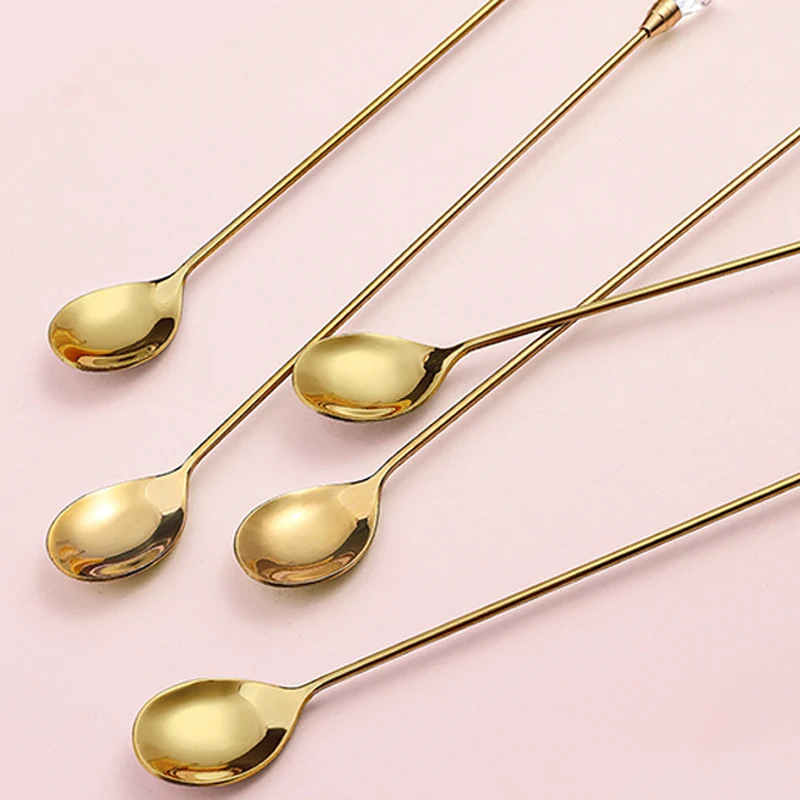 Stainless Steel Stirring Spoon Long Handle Drink Mixing Spoon with Crystal Head for Coffee Tea Cocktail Kitchen Bar Accessories