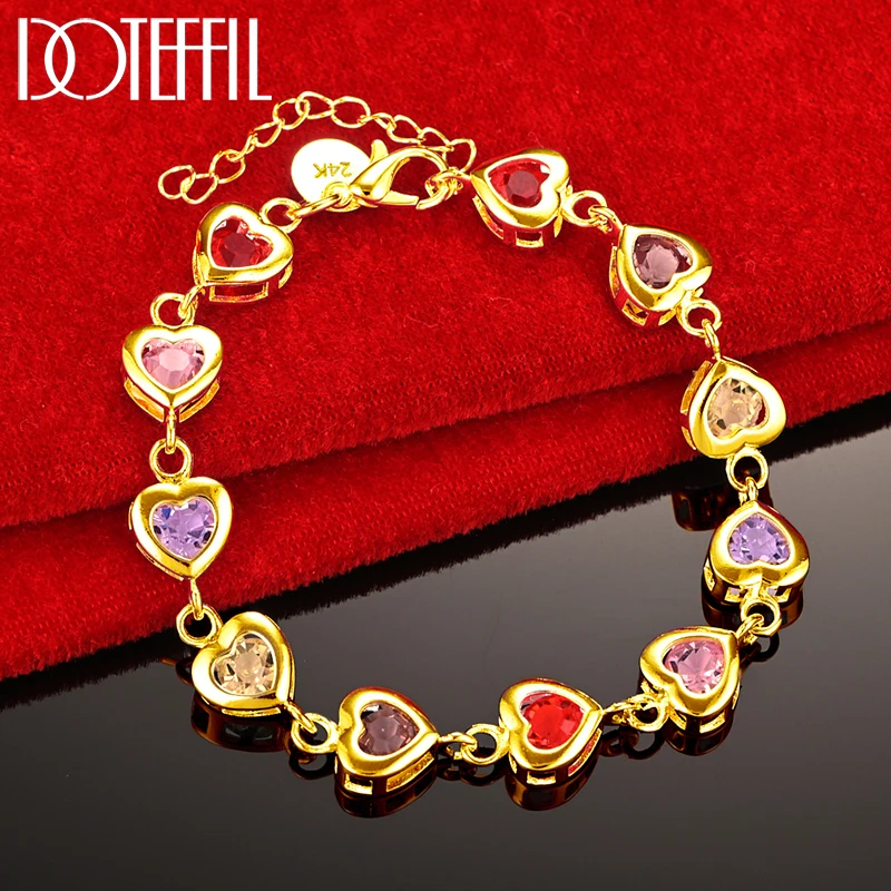 

DOTEFFIL 24K Gold Heart inlaid With Multi-color AAA Zircon Bracelet Chain For Woman Engagement Party Wedding Jewelry