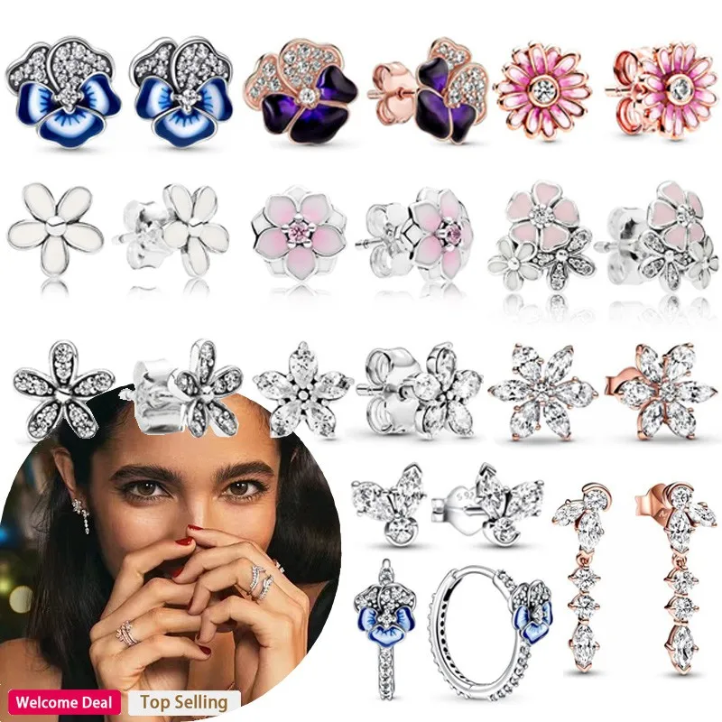 New Original 925 Silver Women's Dense Set Daisy Pink Magnolia Logo Tri Color Viola Earrings Light Luxury Fashion DIY Jewelry