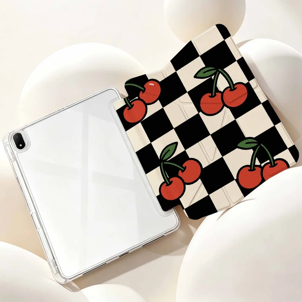 Checkerboard Cherry Pattern Protective Tablet Case with Pen Slot
